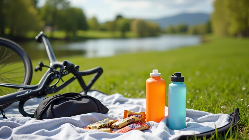 Water bottle and energy snacks laid out on a picnic blanket beside a bicycle on grass near a river