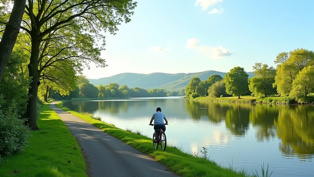 Peaceful Suir Blueway cycling path with calm river, trees, and clear skies perfect for leisurely cycling