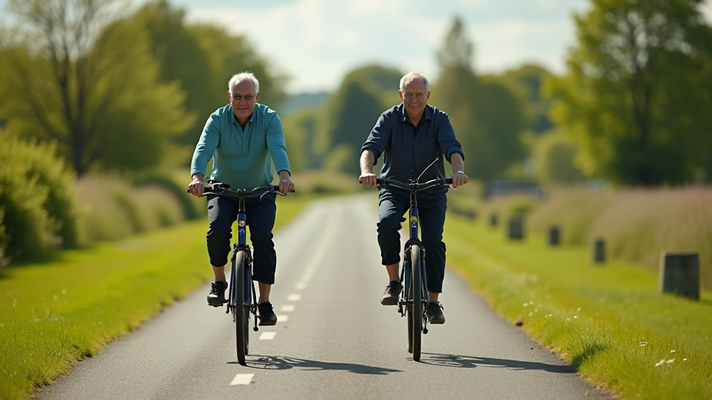 Group of older adults riding bicycles together on a flat riverside path, sunny weather, enjoying outdoor recreation