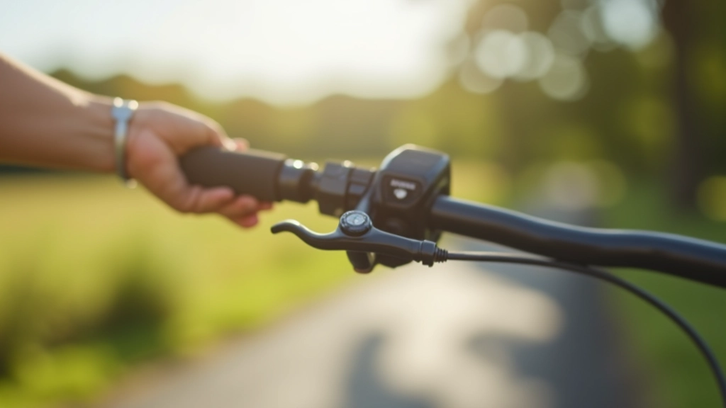 Close-up of bicycle handlebars and front wheel on a sunny day, with blurred green landscape background